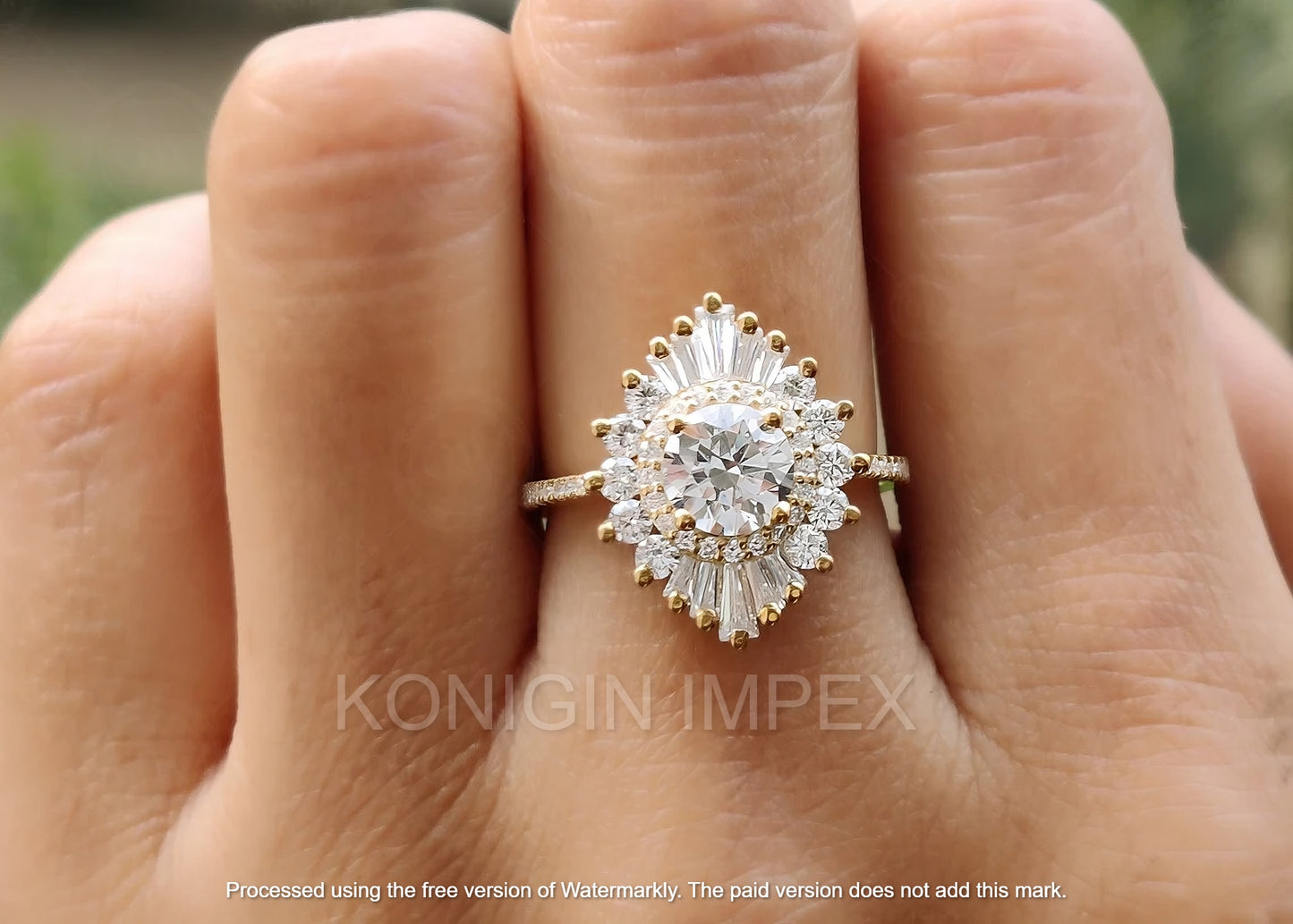 0.75CT Round With Baguette Shape  Moissanite Diamond Gold Designer wedding Ring For Her