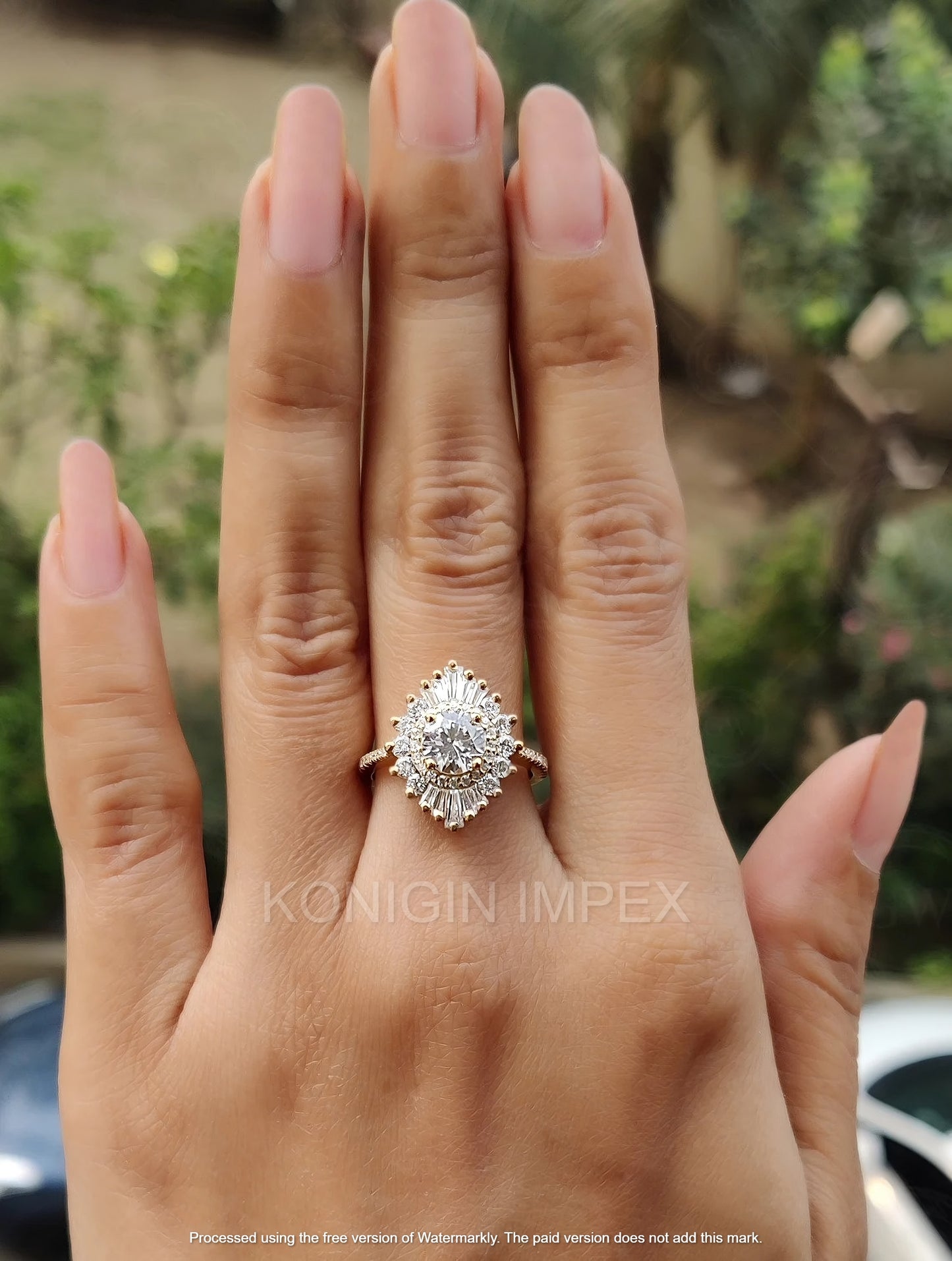 0.75CT Round With Baguette Shape  Moissanite Diamond Gold Designer wedding Ring For Her