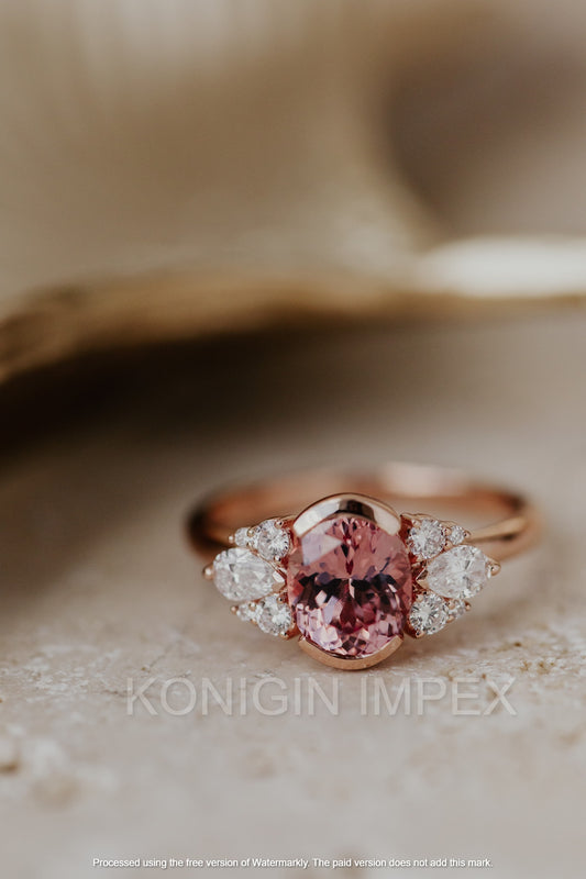 1 CT Pink Color Oval And 0.50 CT Colorless Pear Round Shape Moissanite Diamond Gold Designer Ring For Special Gift