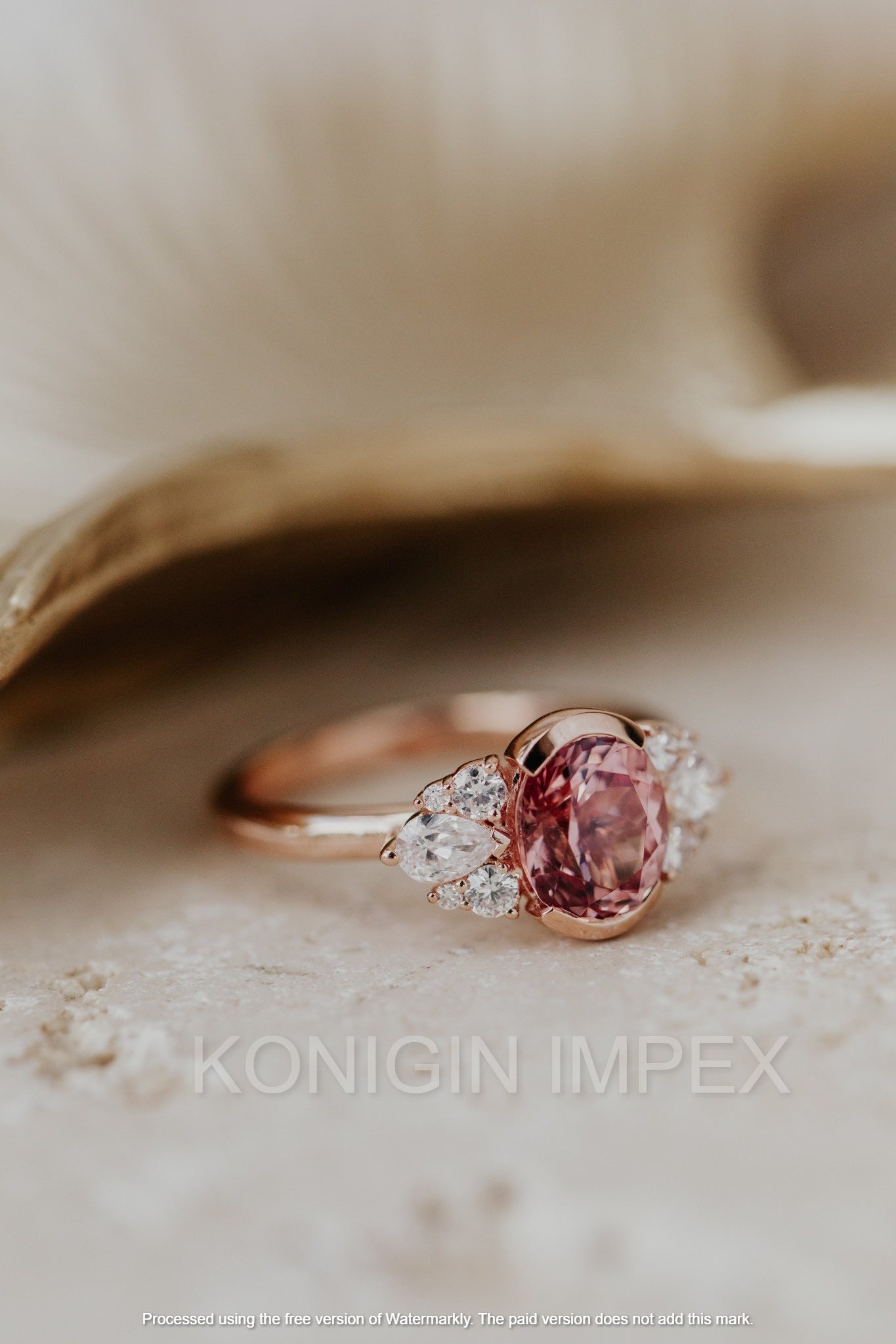 1 CT Pink Color Oval And 0.50 CT Colorless Pear Round Shape Moissanite Diamond Gold Designer Ring For Special Gift