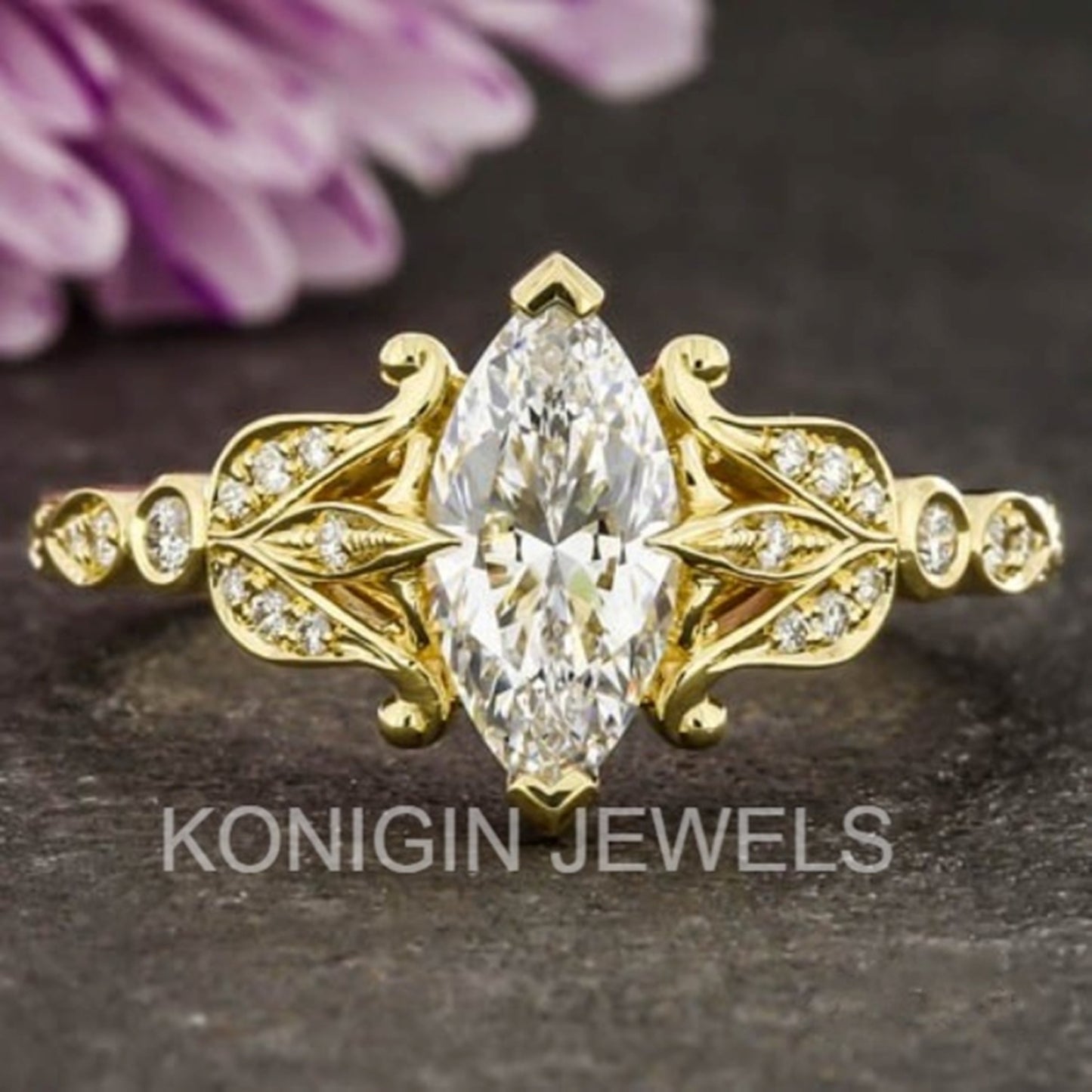 1CT Marquise Shape Colorless Moissanite Diamond Gold Ring For Women