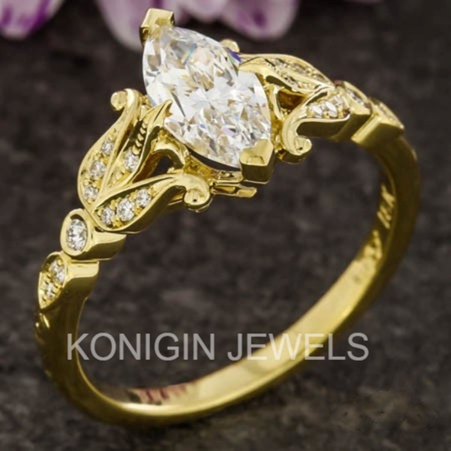 1CT Marquise Shape Colorless Moissanite Diamond Gold Ring For Women