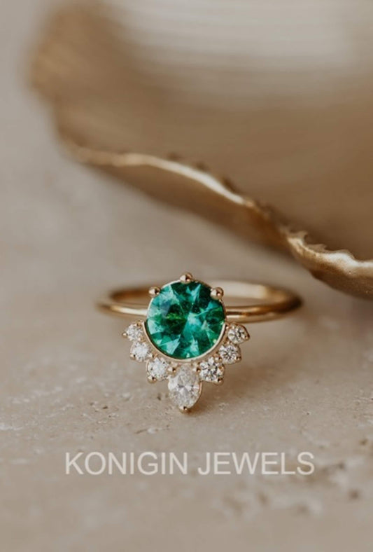 1CT Round Shape Bright Green Moissanite Diamond Gold Engagement Ring