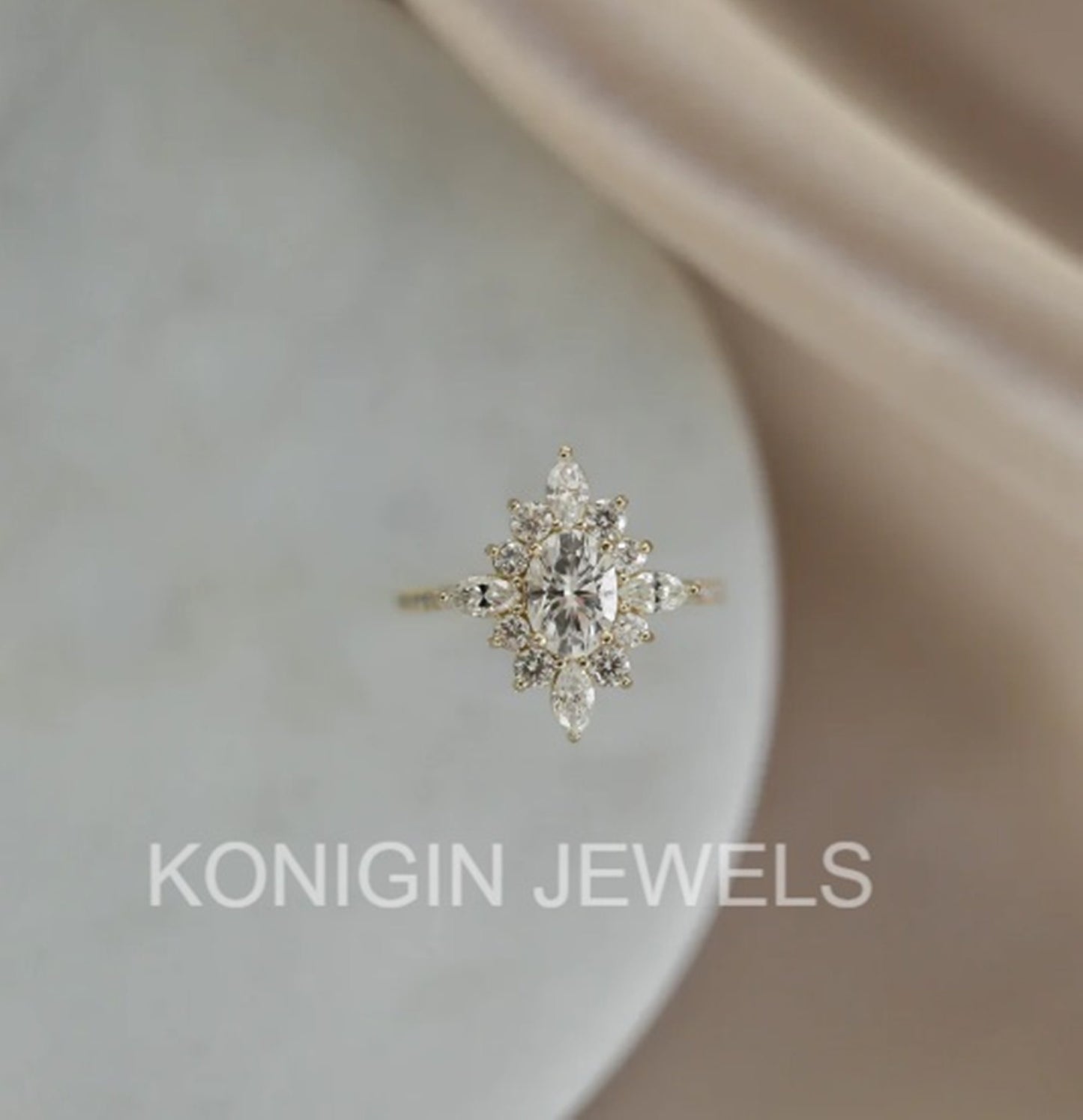 0.75CT Oval, 0.96CT Round And Marquise Shape Colorless Moissanite Daimond Gold Designer Ring