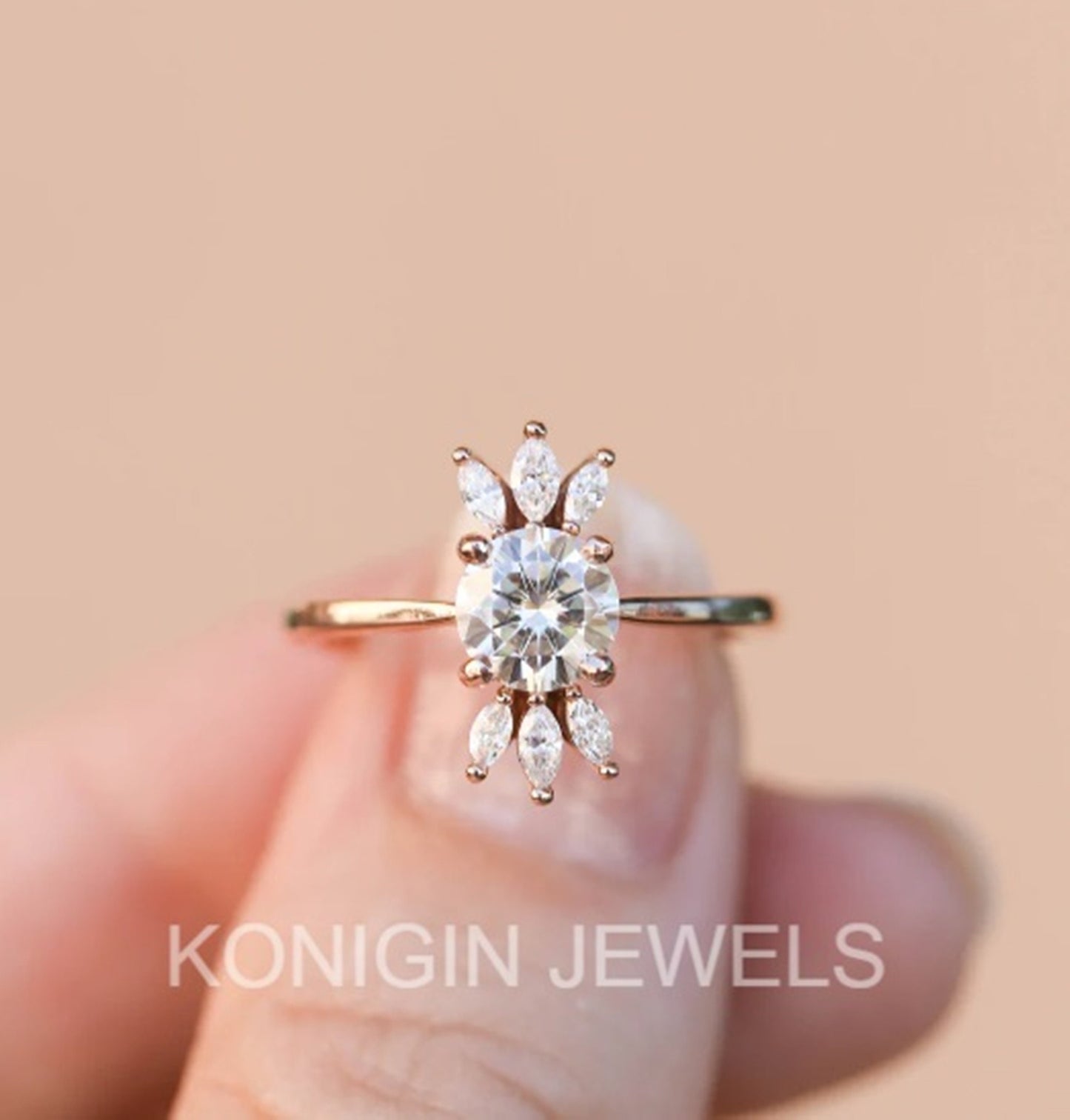 0.84CT Round And 0.36CT Marquise Shape Colorless Moissanite Diamond Gold Ring For Women