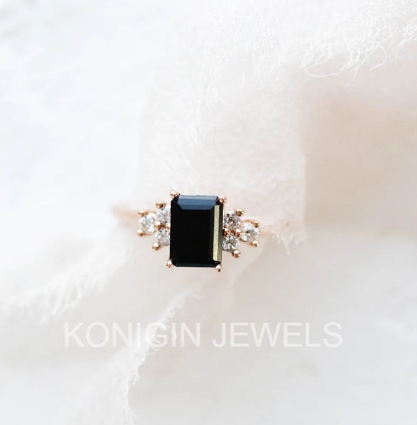 1CT Emerald Shape Black Color Moissanite Diamond Gold Ring For Women