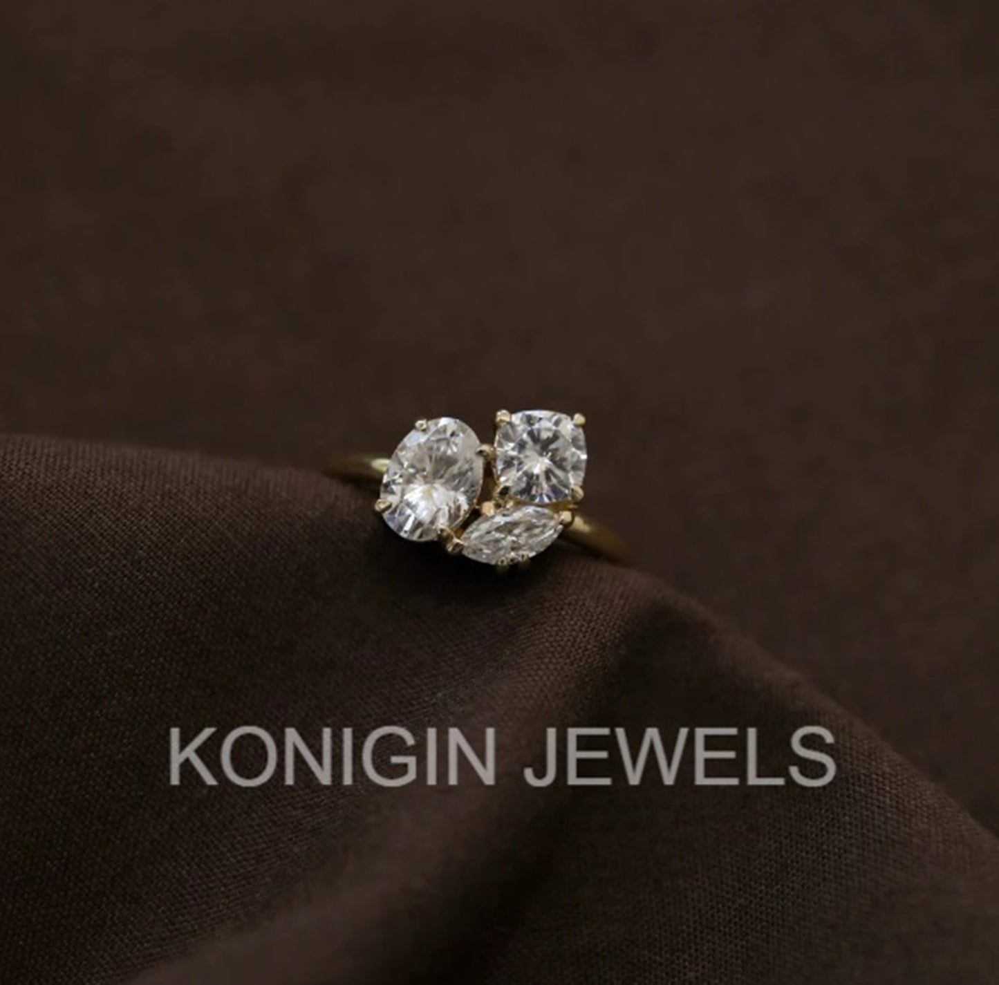 0.75CT Oval, 0.65CT Cushion, 0.25CT Marquise Shape Colorless Moissanite Diamond Gold Three Stone Ring