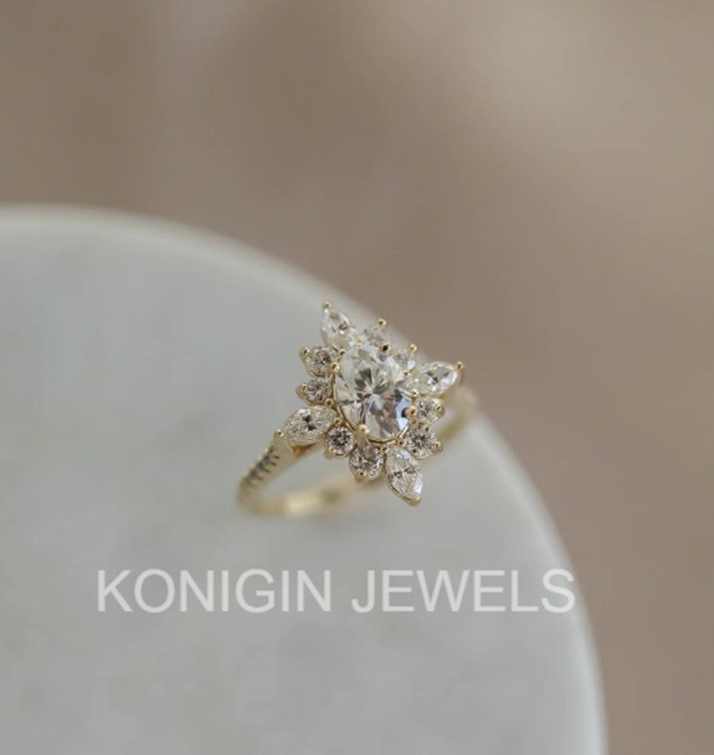 0.75CT Oval, 0.96CT Round And Marquise Shape Colorless Moissanite Daimond Gold Designer Ring