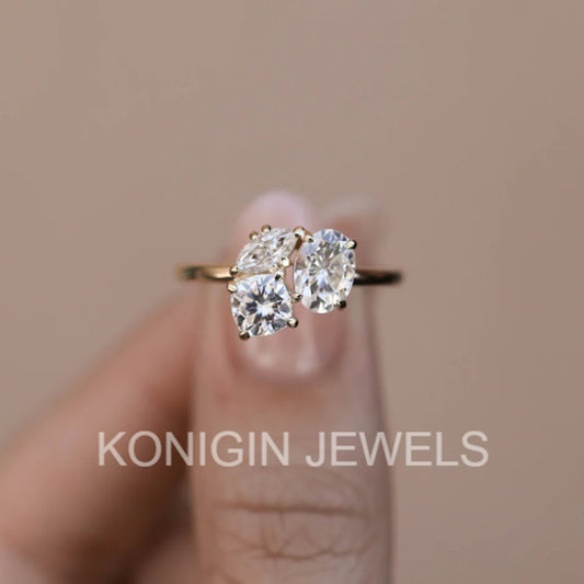 0.75CT Oval, 0.65CT Cushion, 0.25CT Marquise Shape Colorless Moissanite Diamond Gold Three Stone Ring