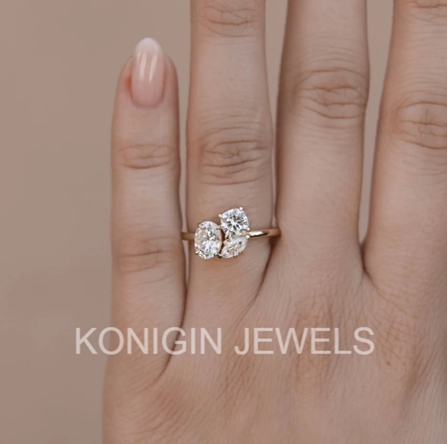 0.75CT Oval, 0.65CT Cushion, 0.25CT Marquise Shape Colorless Moissanite Diamond Gold Three Stone Ring